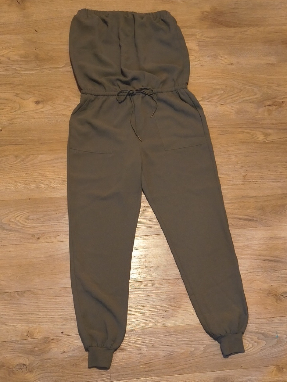 Olive Green Strapless Drawstring Jumpsuit